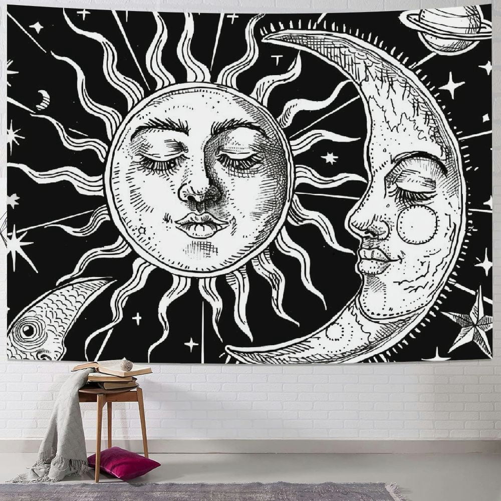 COMIO Wall Tapestry Black And White Tapestry For Bedroom Aesthetic Sun Moon Hanging Stars Space Tapestries Home Decoration Teen Girl Living Room Dorm 40x30 Inch