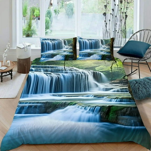 PRATYUS Waterfall Forest Nature 3-Piece Bedding Set Lightweight Soft Peach Skin Fabric Bedroom Guest Room 87x68in