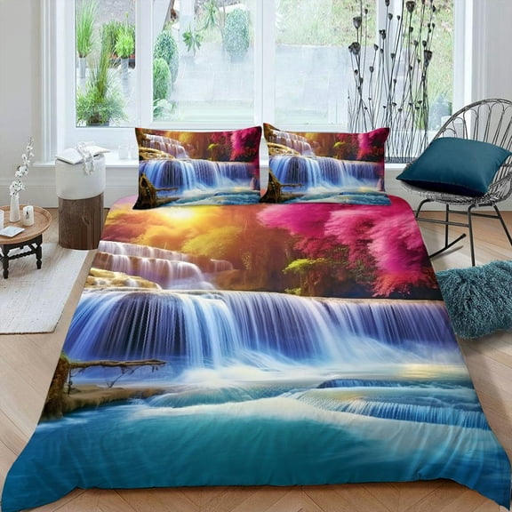 PRATYUS Waterfall Rainbow 3-Piece Bedding Set Lightweight and Soft Peach Skin Velvet Bedroom Guest Room Decor 87x68in