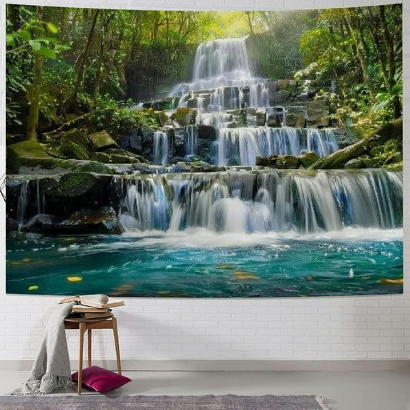 PRATYUS Waterfall Tapestry Forest Lake Natural Tropical Rainforest Green Jungle Tree Plant Mossy Summer Rocks Scenery Home Decor Wall Hanging Art for Living Room Bedroom Dorm Painting