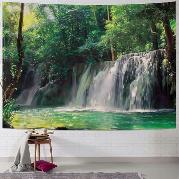 PRATYUS Waterfall Tapestry, Waterfall in Tropical Forest Trees Thailand Kanjanaburi Sunny Day Image, Wall Hanging Bedspread Bed Cover Wall Decor, Green Brown White 50x40inch