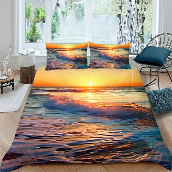 PRATYUS Waves Sunset Beach 3-Piece Bedding Set (Single-Sided Print) Easy to Clean Peach Skin Velvet Bedroom Guest Room 87x68in