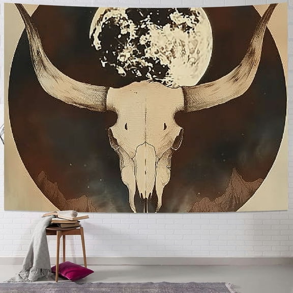 PRATYUS Western Cow Skull Tapestry, Boho Longhorn Skull Head Wall Tapestry, Western Cowboys Nature Mountain Cactus Desert Bohemian Aesthetic Tapestry Wall Hanging for Bedroom Living Room 60x50inch