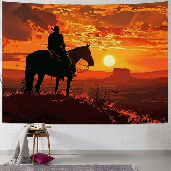 PRATYUS Western Cowboy Dusk Sunset Tapestry Wall Hanging, Mid Century Desert Horse Sunset Wall Tapestry, Southwest Wild Style Wall Decor Tapestries for Bedroom Living Room Dorm 40x30inch