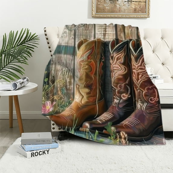 PRATYUS Western Kids Throw Blanket Cowboy Shoes Fuzzy Blanket for Boys Kids Teens Youth Bedroom, Rustic Farmhouse  Blanket Vintage Wooden Style Blanket for Bedroom Living Room  40x50in