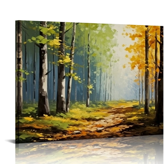 PRATYUS White Birch Tree Canvas Wall Art Yellow Forest Painting Landscape Poster Nature Fall Artwork Abstract Modern Art for Living Room Bedroom Bathroom Office Wall Decor 16x12in