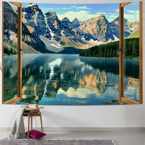 PRATYUS Window Tapestry Mountain Lake Forest Scene Tapestry Nature Landscape Wall Hanging, Art Large Tapestries for Bedroom Home Decor Painting