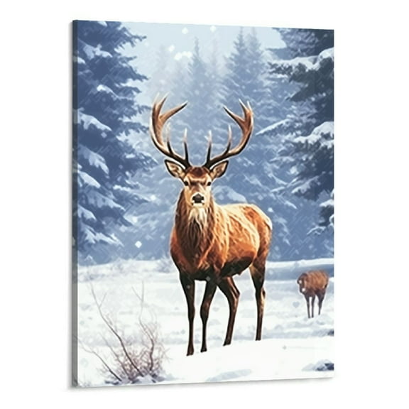 PRATYUS Winter Deer Canvas Wall Art Reindeer Art Print Winter House Picture Christmas Snow Painting Winter Animal Pictures Snow Forest Poster Winter Scene Artwork Winter Snow Wall Art 16x20 Inch