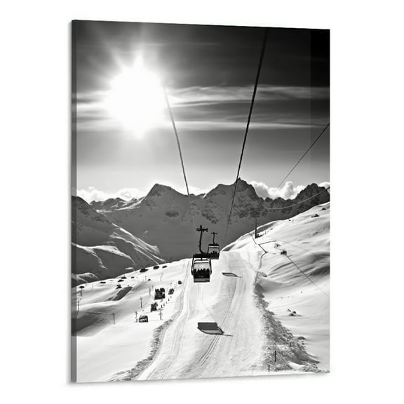 PRATYUS  Winter Wall Art Black and White Ski Lift at Sunshine Pictures Canvas Print Snow Mountain Landscape Painting Artwork for Home Living Room Decor Framed Ready to Hang 16x20 Inch