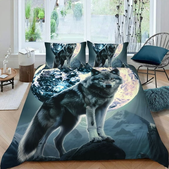 PRATYUS Wolf Moon Mountain 3-Piece Bedding Set (Single-Sided Print) Comfortable and Breathable Peach Skin Velvet Bedroom Guest Room 87x68in