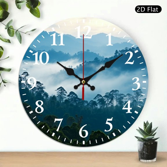 PRATYUS Wooden Wall Clock Mountain Range Fog Trees Print 10 Inch 10x10in