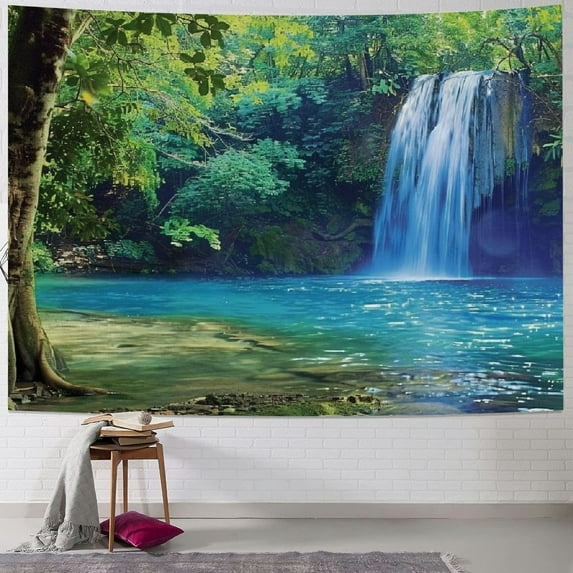 PRATYUS Woodland Tapestry King Size, Waterfall Asia Thailand Jungle Tropic Plants Trees Tourist Attraction, Wall Hanging Bedspread Bed Cover Wall Decor, Turquoise Green 50x40inch