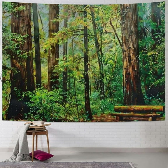 PRATYUS Woodland Tapestry, Redwood Trees Northwest Rain Forest Tropical Scenic Wild Nature Branch, Wide Wall Hanging for Bedroom Living Room Dorm, Green and Brown Painting