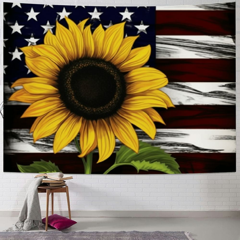PRATYUS Yellow Sunflower Rustic Wall Hanging Tapestry,American Flag