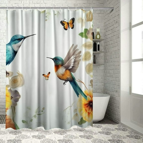 PRATYUS Yellow Sunflower Shower Curtain,Butterfly with Bird Shower Curtain Hummingbird with Flowers Bathroom Curtain Rustic Farmhouse Floral Bath Curtain with Hooks 36x72