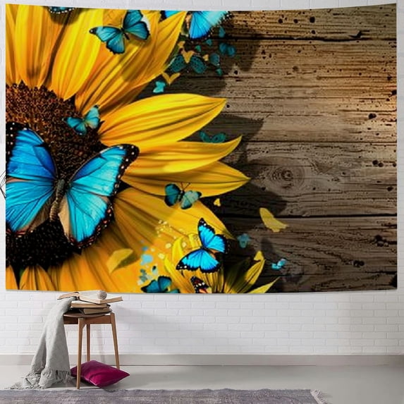 PRATYUS Yellow Sunflower Tapestry Butterfly Floral Bloom Flower Spring Plant Brown Farmhouse Nature Country Wall Hanging Bedroom Living Room Dorm Decor Painting