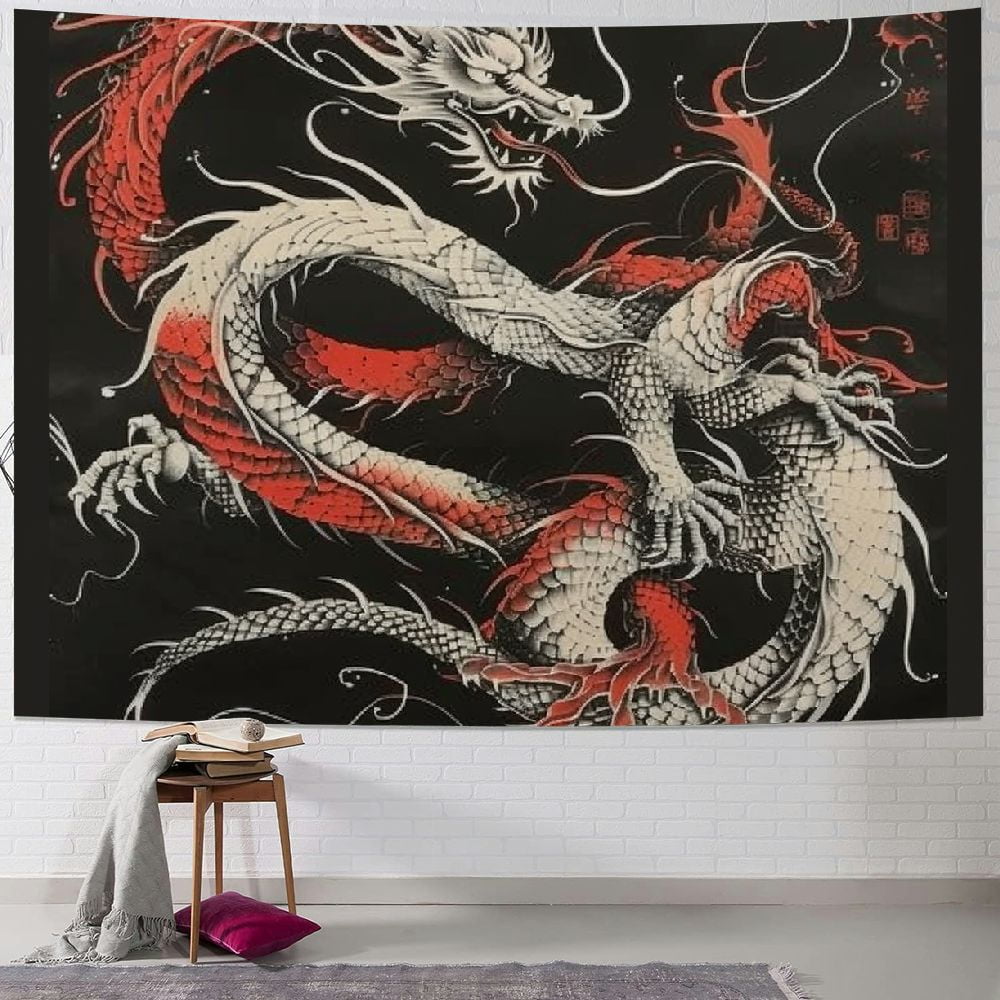 PRATYUS Yin Yang Tapestry, Black White Dragons Red Chinese Map Wall Art ...