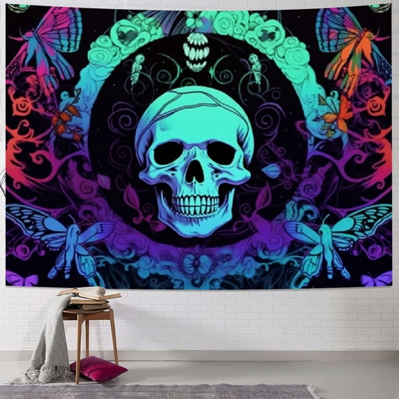 PRATYUS vaoruteng Skull Tapestry, Skeleton Wall Tapestries, Party Backdrop,Trippy Psychedelic Space Neon Cool Posters For Bedroom Décor 50x40inch