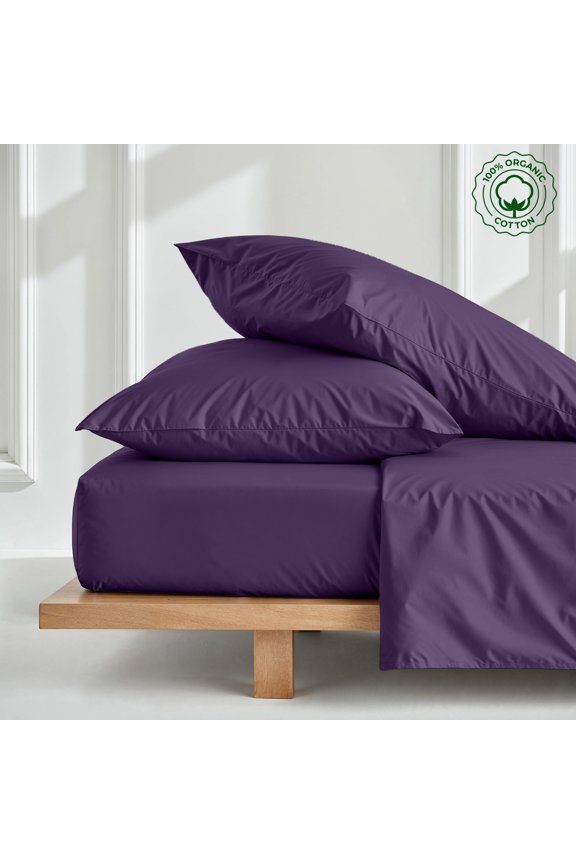 Olympic Queen 3-PC (1 Fitted + 2 Pillowcases) Pure Organic Bed Sheet Set 800-Thread Count, 18" Deep Pockets - Plum