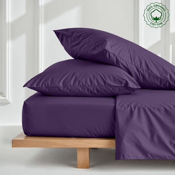 Olympic Queen 3-PC (1 Fitted + 2 Pillowcases) Pure Organic Bed Sheet Set 800-Thread Count, 18" Deep Pockets - Plum