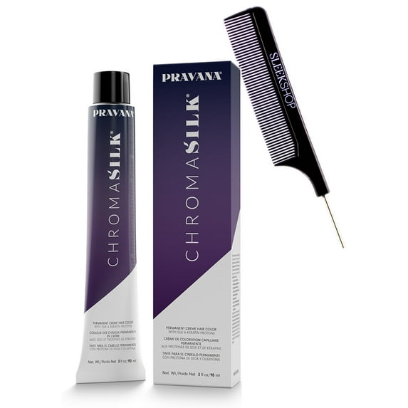 PRAVANA 1N Black , CHROMASILK Permanent Creme Hair Color with Silk & Keratin Proteins, 3 oz / 90 ml, Chroma Silk Cream Haircolor Dye - Pack of 3 w/ SLEEKSHOP Pin Comb