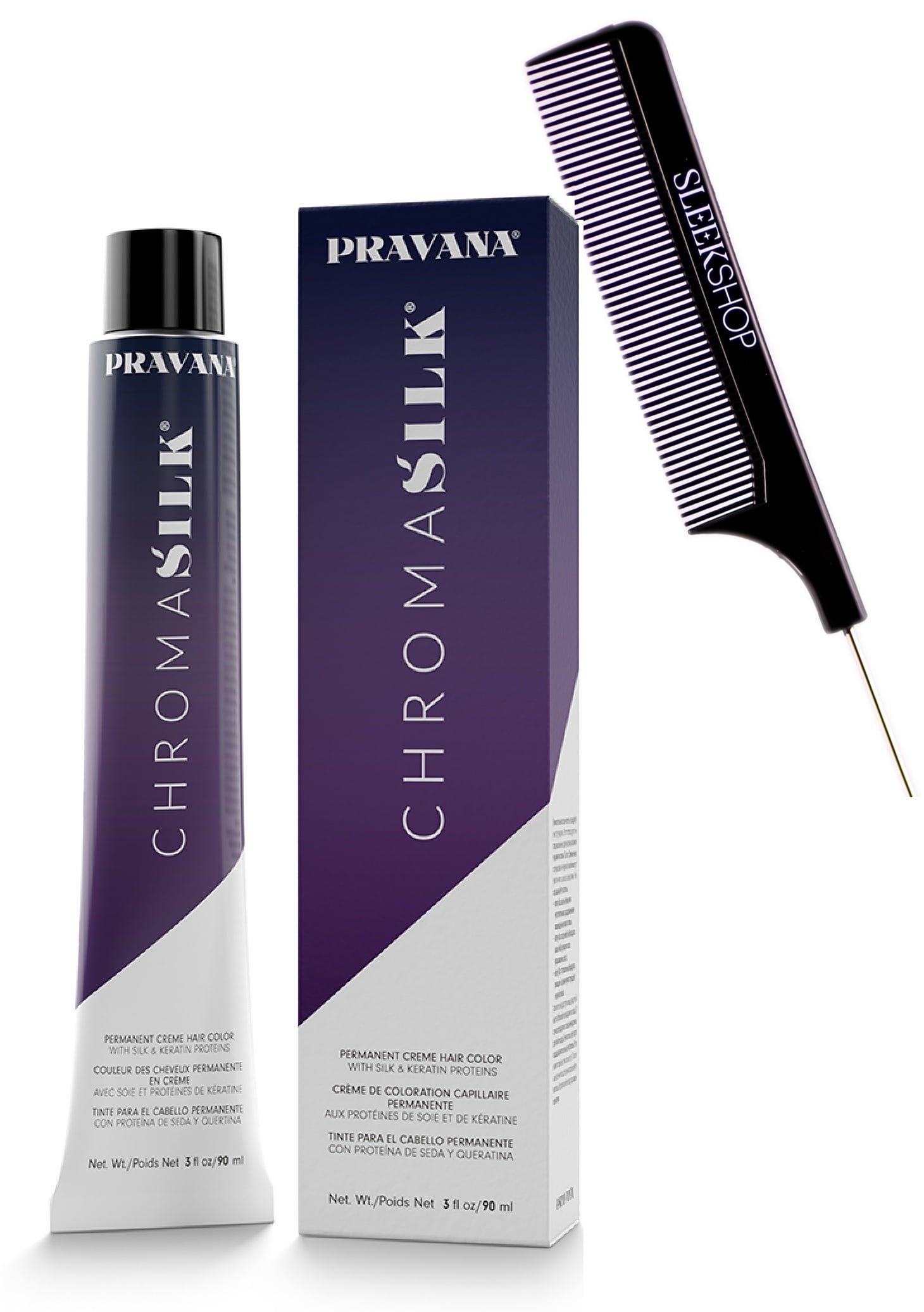 PRAVANA 7 / 7N - Blonde , CHROMASILK Permanent Creme Hair Color with Silk & Keratin Proteins, 3 oz / 90 ml, Chroma Silk Cream Haircolor Dye - Pack of 3 w/ SLEEKSHOP Pin Comb