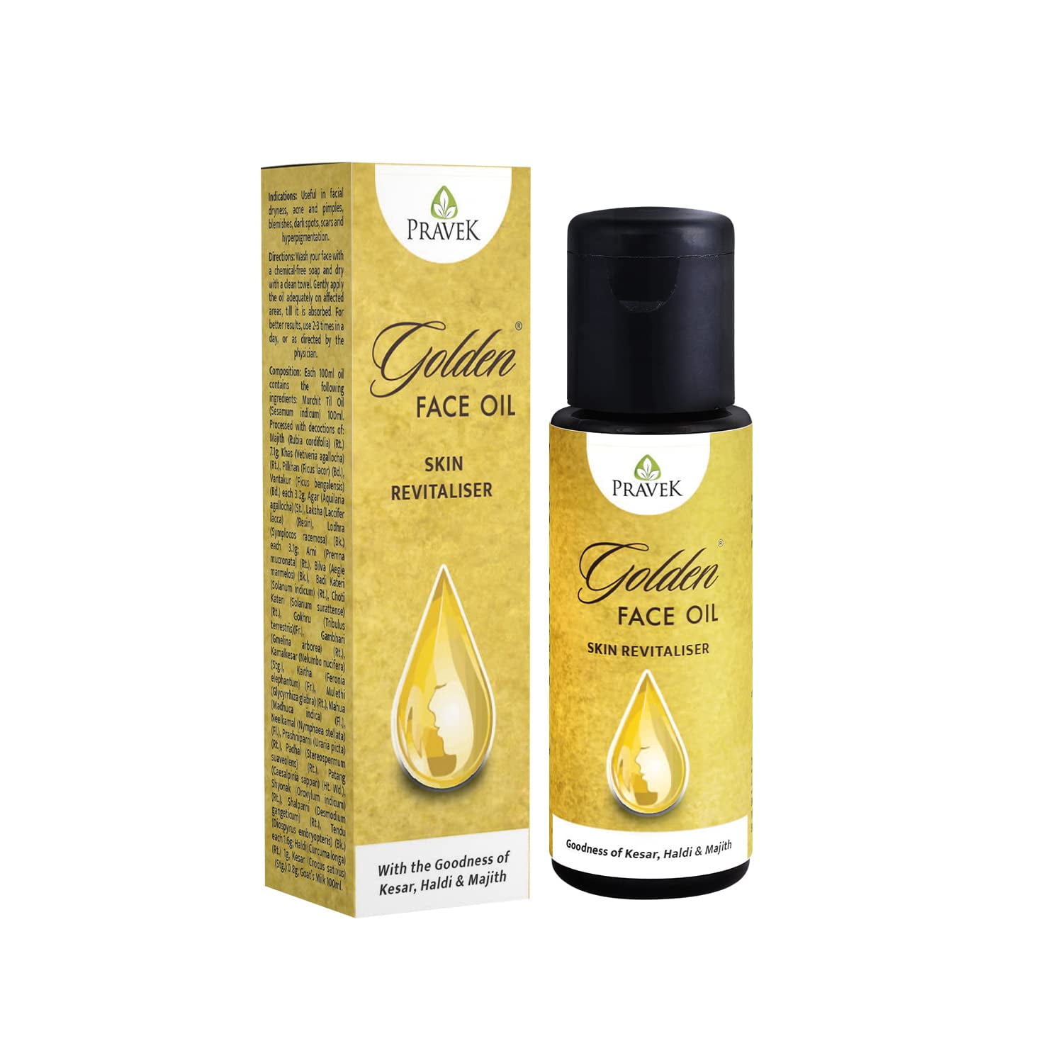 PRAVEK Golden Face Oil, Skin, Super Blend of Kesar, Haldi, Khas, Laksha