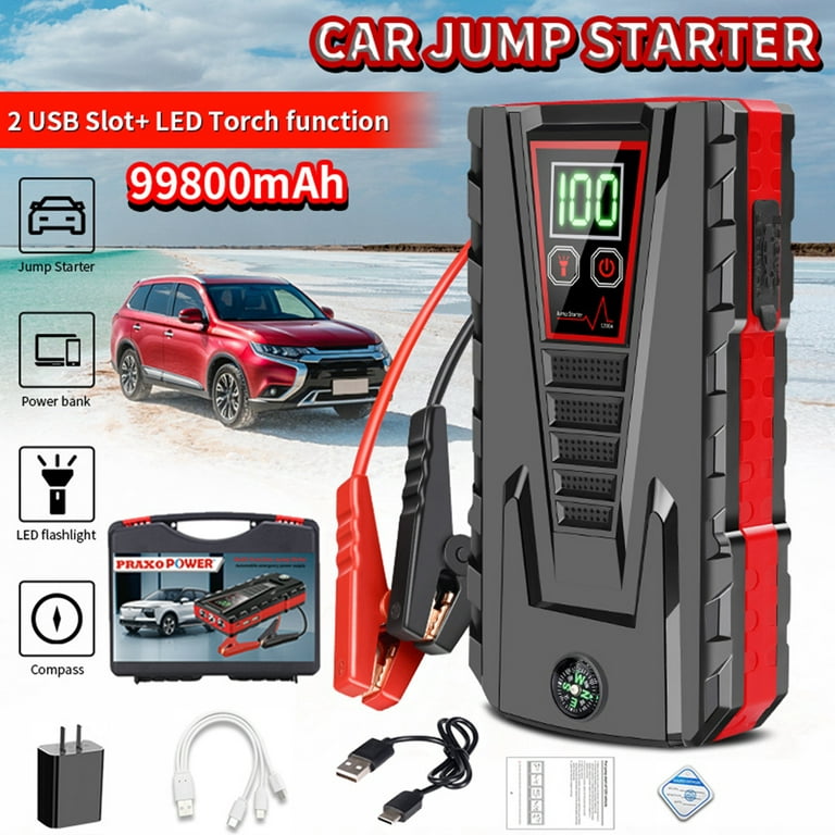 PRAXO Multi-functional Car Jump Starter, 5000A Peak 99800mAh Battery Jump  Starter, 12V Car Battery Charger, Auto Battery Booster w/ LCD Display & 3  LED Modes, Portable Power Bank Charger 