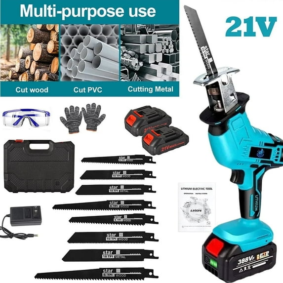 PRAXO Reciprocating Saw, 21V Cordless Reciprocating Saw with 2 Rechargeable Battery & Charger, 0-3500 SPM Variable Speed Trigger, 8 Saw Blades for Wood/Metal/PVC Pipe Cutting