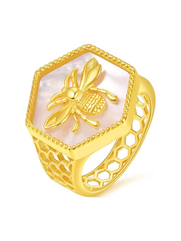 PRAYMOS 14k Gold Plated Bee Chunky Dome Thumb Ring Stacking Band for Women Statement Party Wedding Ring Size 7 to 9 (Gold Bee Ring, 8)