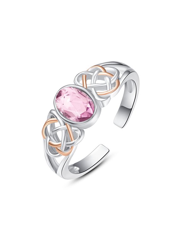 PRAYMOS 925 Sterling SIlver Ring Birthstone Ring Turquoise Moss White Opal Ring for Women Celtic Knot Open Adjustable Thrumb Ring (B10-Birthstone-October-Pink Tourmaline)