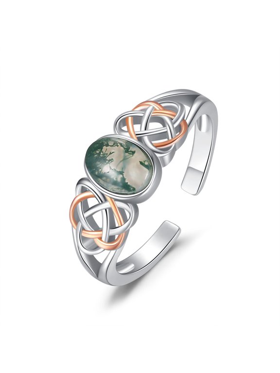 PRAYMOS 925 Sterling SIlver Ring Birthstone Ring Turquoise Moss White Opal Ring for Women Celtic Knot Open Adjustable Thrumb Ring (A02-moss ring)