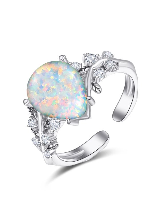 PRAYMOS 925 Sterling Silver Opal Ring for Women Rainbow White Opal Rings Teardrop Promise Engagement Ring Size 7-9 (01-White Opal Ring, 7)