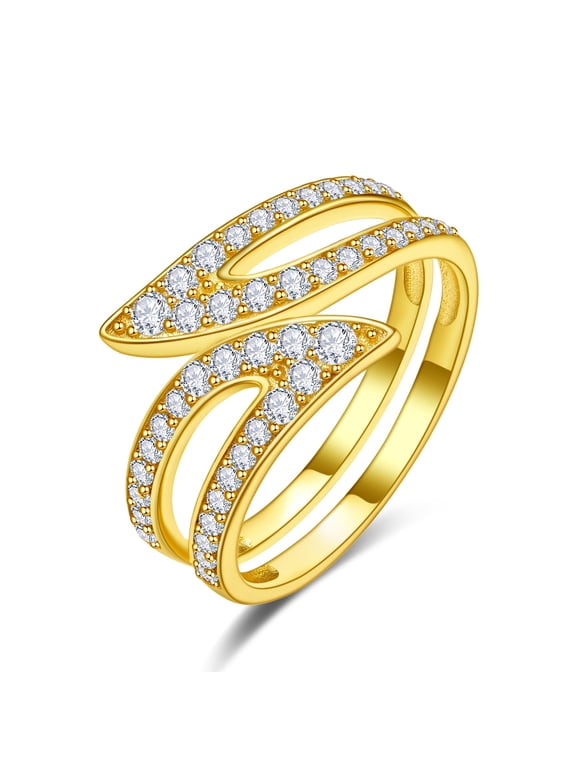 PRAYMOS CZ Layered 14K Gold Plated Solid 925 Sterling Silver Midi Pinky Thumb Ring Womens Unique Pointy Ends Cage Ring Size 8