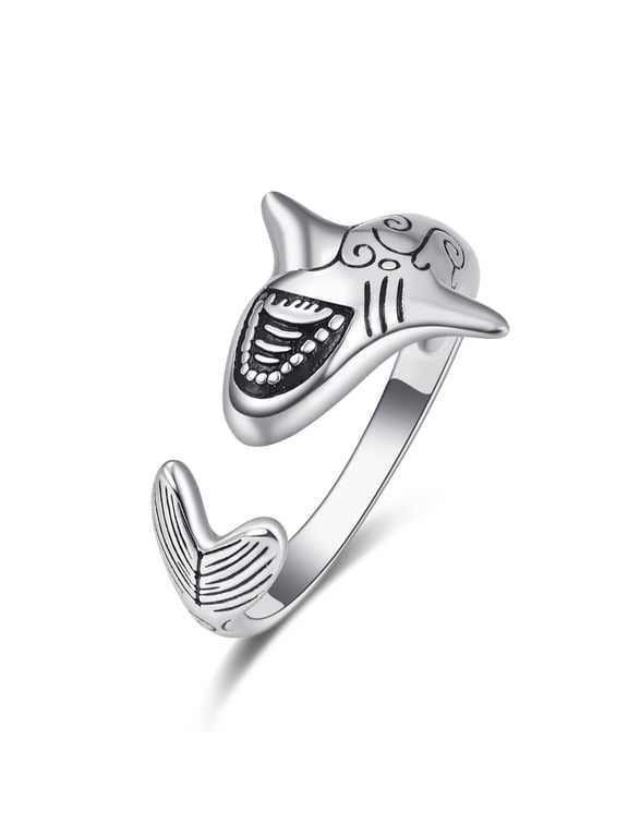 PRAYMOS Shark Ring 925 Sterling Silver Adjustable Open Hammerhead Shark Rings Shark Jewelry Animal Ocean Gifts Thumb Ring for Women Men