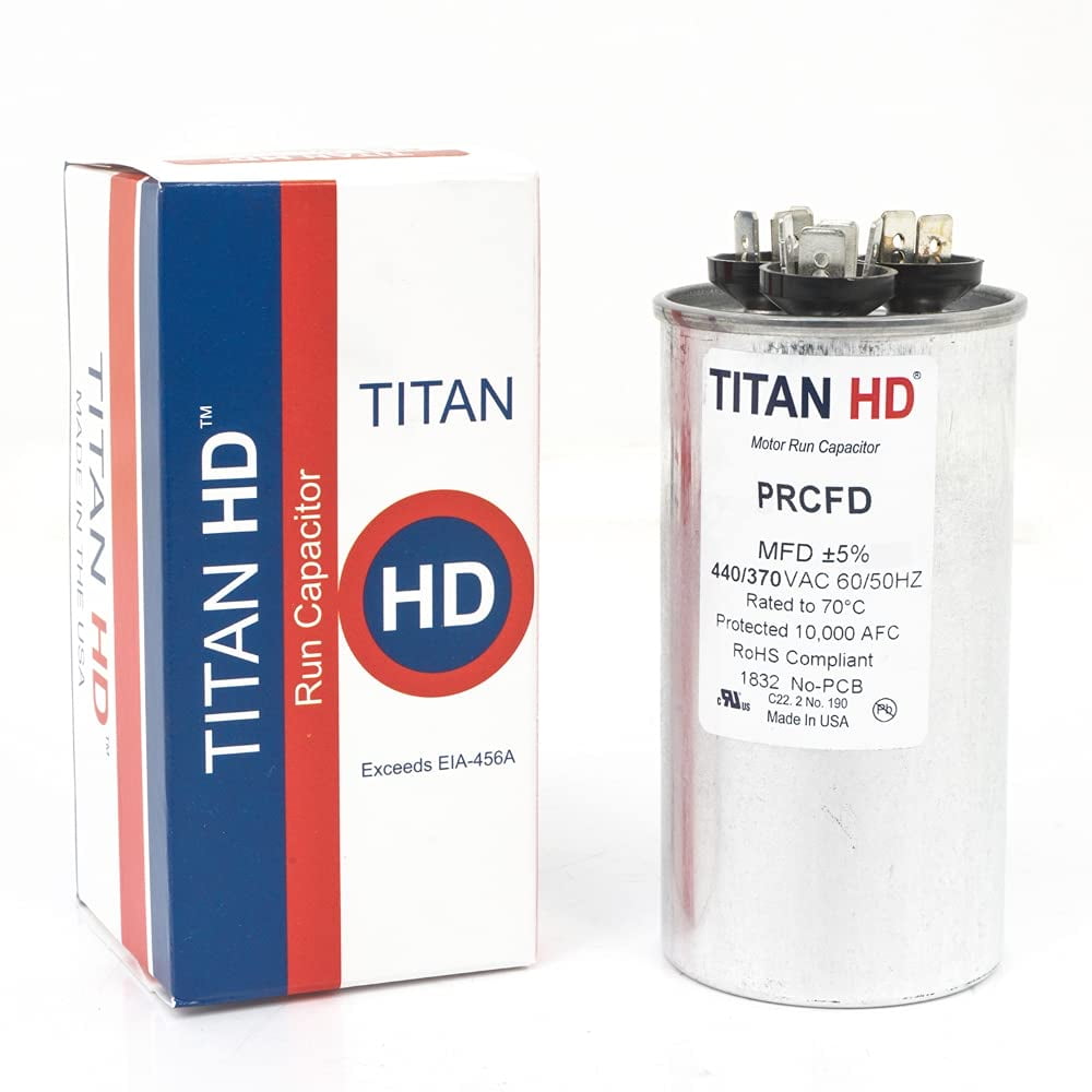 PRCFD455A, Titan HD Run Capacitor Round 45+5 Mfd 440-370V replaces