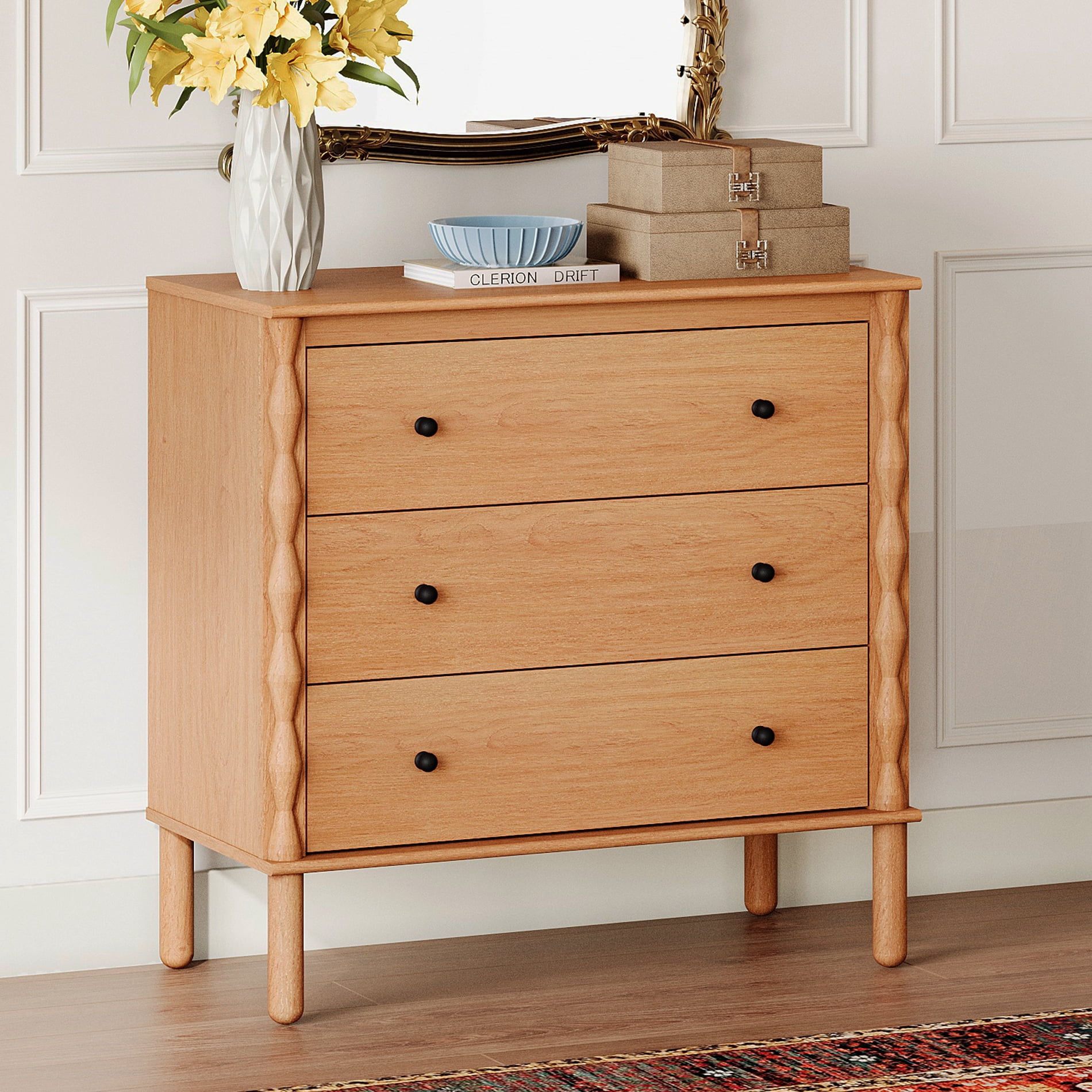 PRE-ASSEMBLED Drawer Glides & Anti-Tip Kit 3 Drawer Dresser for Bedroom，Brown