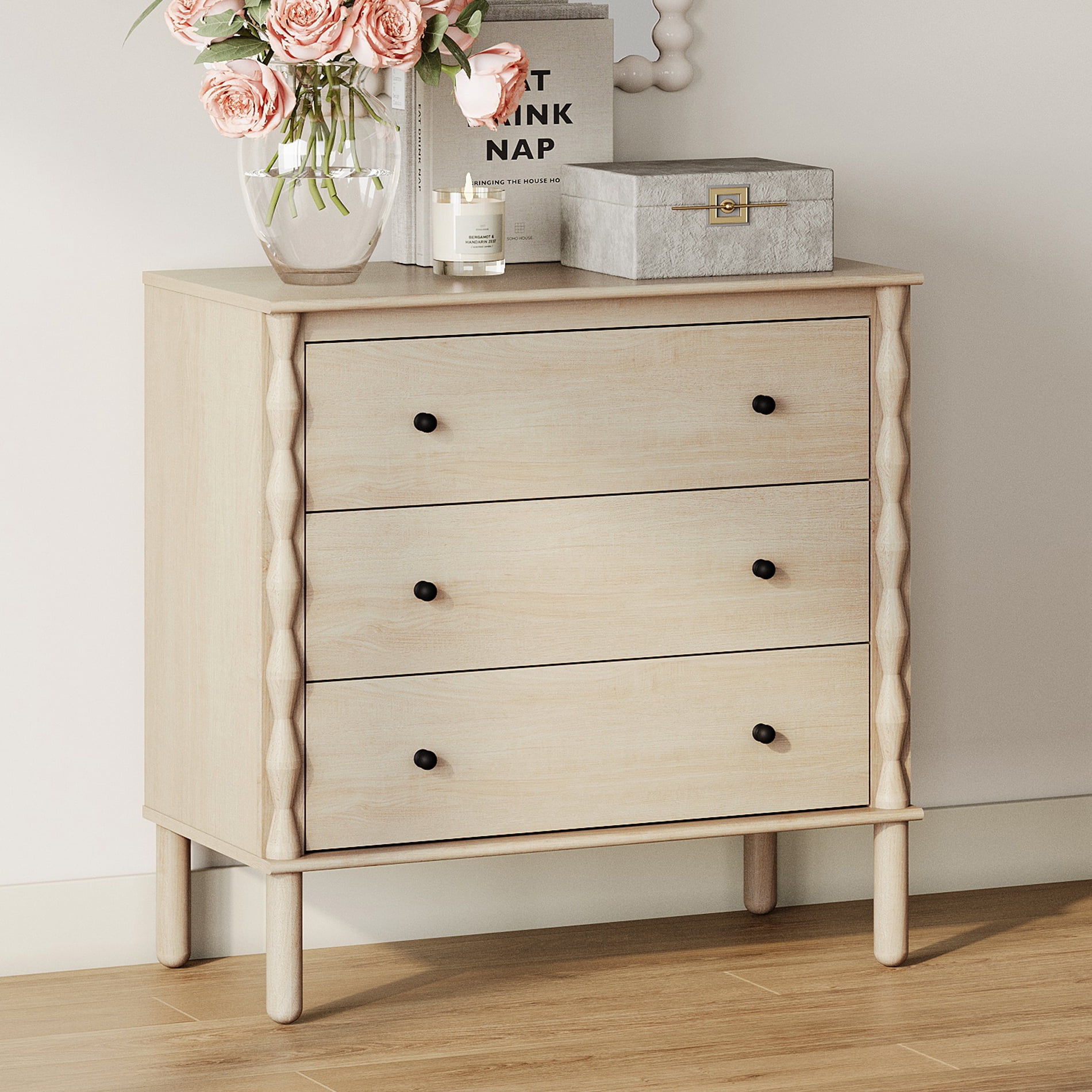 PRE-ASSEMBLED Drawer Glides & Anti-Tip Kit 3 Drawer Dresser for Bedroom，Natural