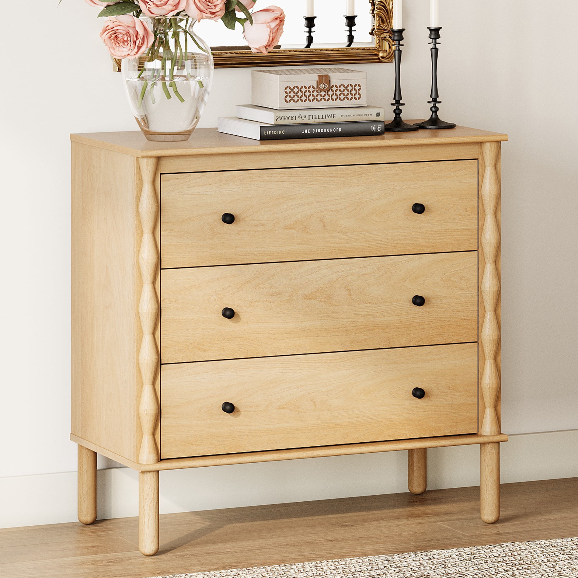 PRE-ASSEMBLED Drawer Glides & Anti-Tip Kit 3 Drawer Dresser for Bedroom，Oak