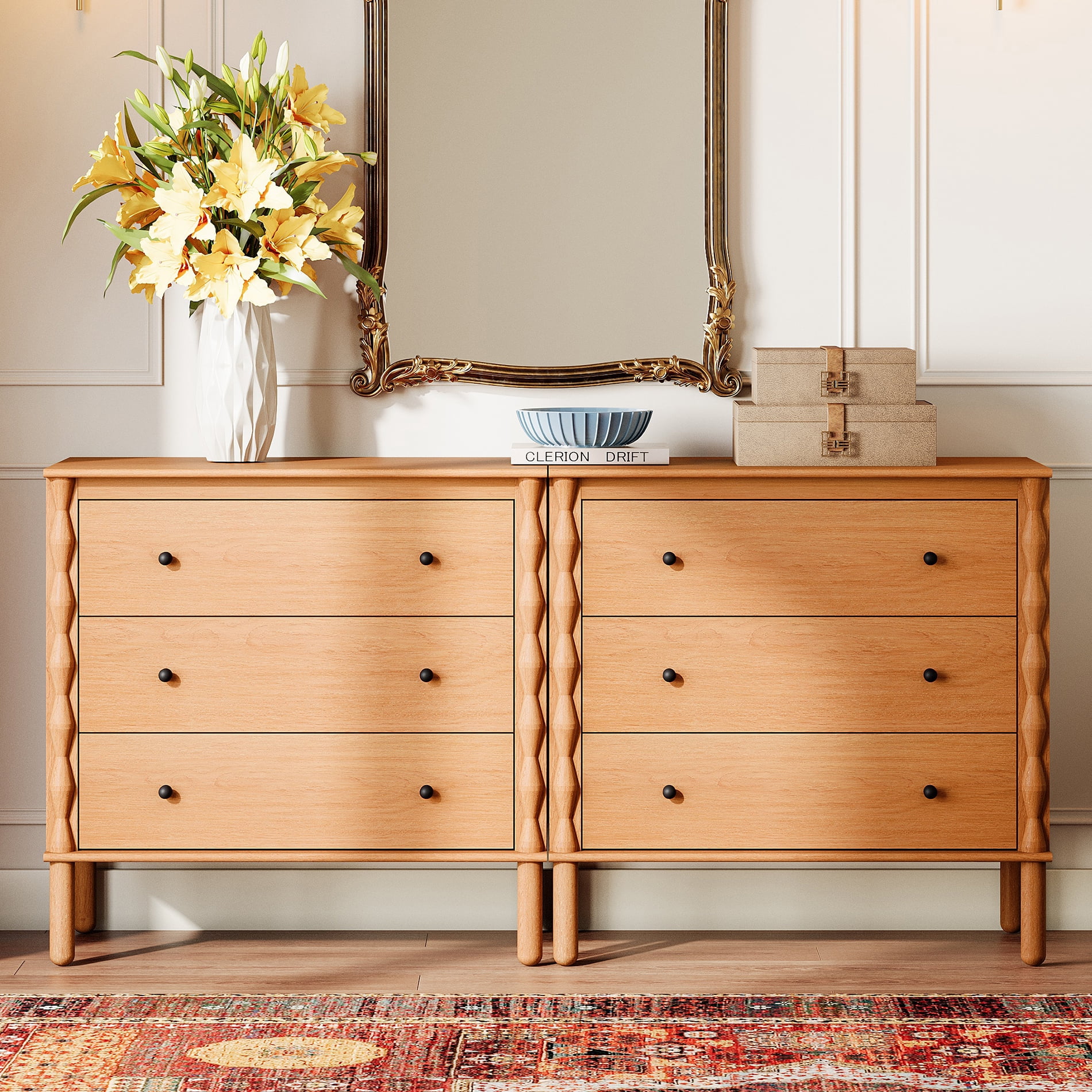 PRE-ASSEMBLED Drawer Glides & Anti-Tip Kit 6 Drawer Dresser for Bedroom，Brown