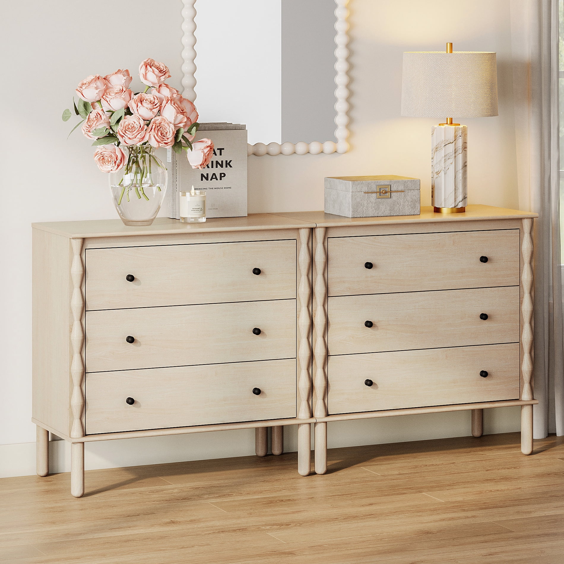 PRE-ASSEMBLED Drawer Glides & Anti-Tip Kit 6 Drawer Dresser for Bedroom，Natural