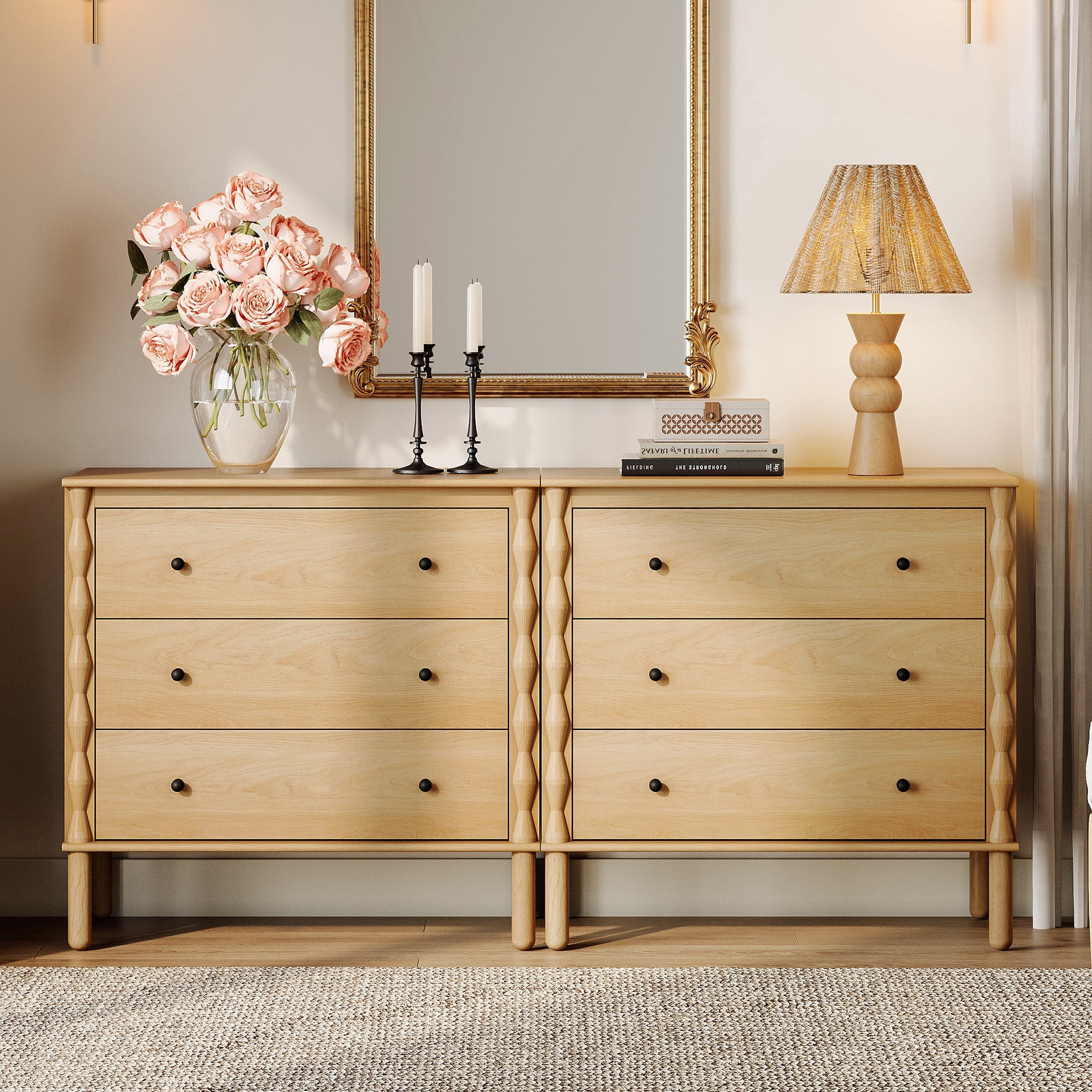 PRE-ASSEMBLED Drawer Glides & Anti-Tip Kit 6 Drawer Dresser for Bedroom，Oak