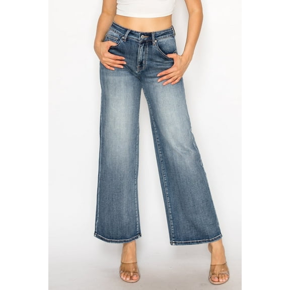 PREJEAN Women’s High-Rise Wide-Leg Stretch Jeans with Raw Hem, Blue