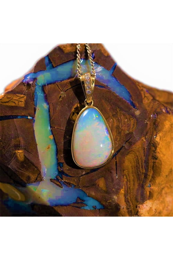 PRECIOUS LOVE 14KT GOLD & DIAMOND NATURAL AUSTRALIAN WHITE OPAL NECKLACE