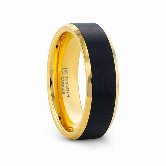 PRECIOUS STARS Gold Tungsten Carbide Wedding Band | Beveled Ring with Brushed Black Center | 6mm or 8mm | For Men and Women