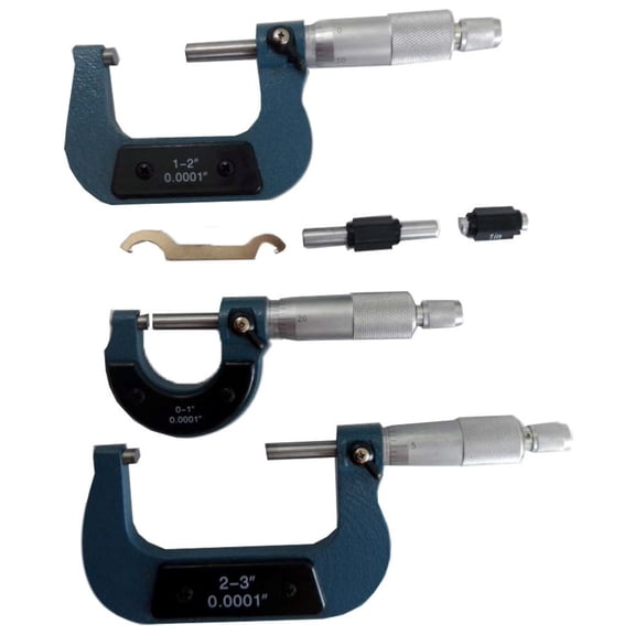 PRECISE 3 Piece Micrometer Set | Ranges: 0" - 1" , 1" - 2" , 2" -3" | 0.0001" Increments | Carbide Tipped | Precision Hardened | Includes Plastic Storage Case
