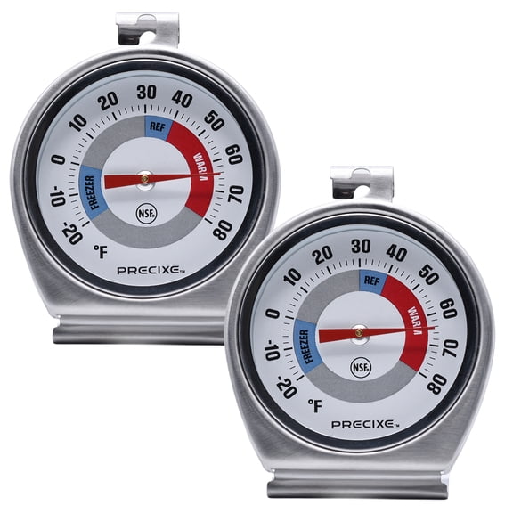 PRECIXE 2.5 inch Stainless Steel Refrigerator and Freezer Thermometer, 2pk, White Dial, Hanging or Standing, NSF