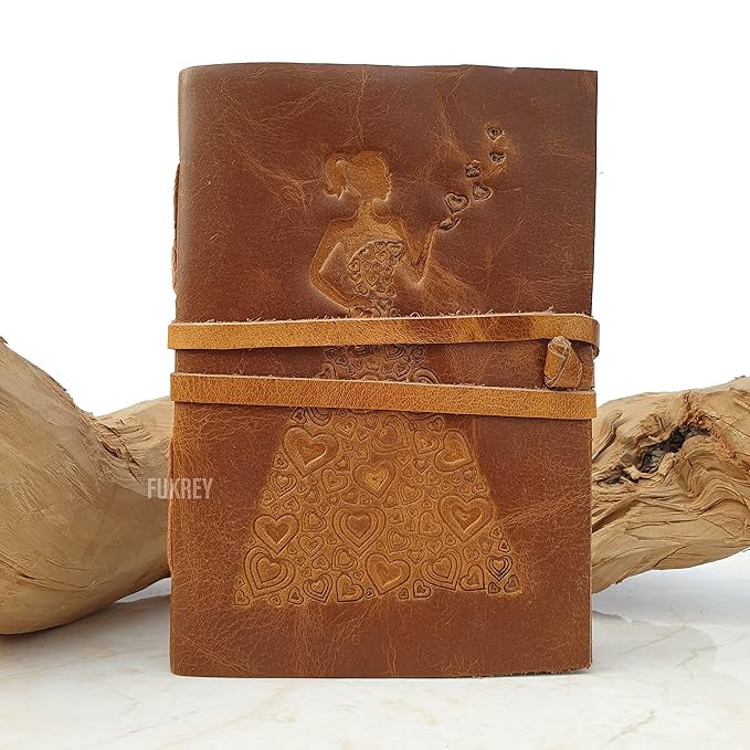 PREET - Genuine Handmade Leather Diary, Embossed Princess with Heart Design Antique Diary, Unlined Paper Travel Diary and Notebooks for Men and Women, 240 Pages, 125 GSM - 7 x 5 Inches - (Brown)