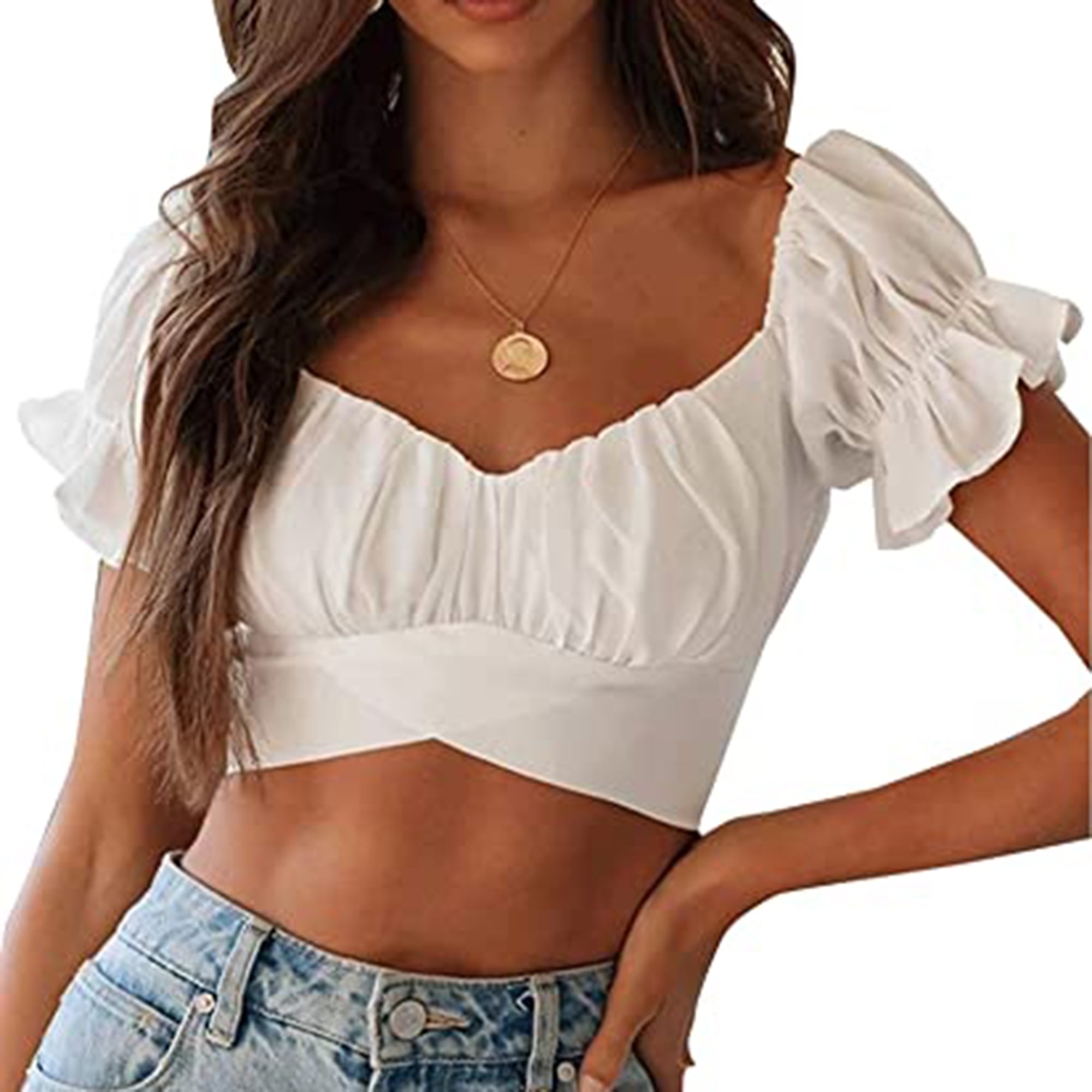 white ruffle sleeve crop top