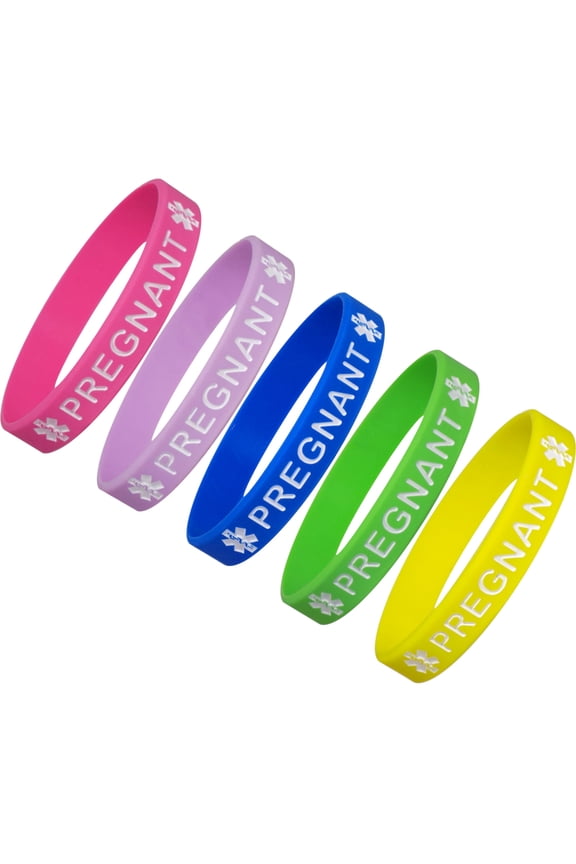 PREGNANT Medical Alert ID Silicone Bracelet Wristbands 5 Pack